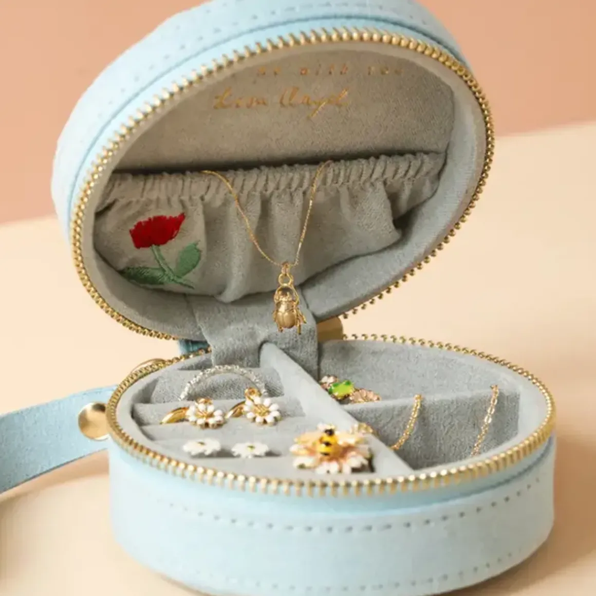 Mini boite à Bijoux rond en velours à fleurs brodées