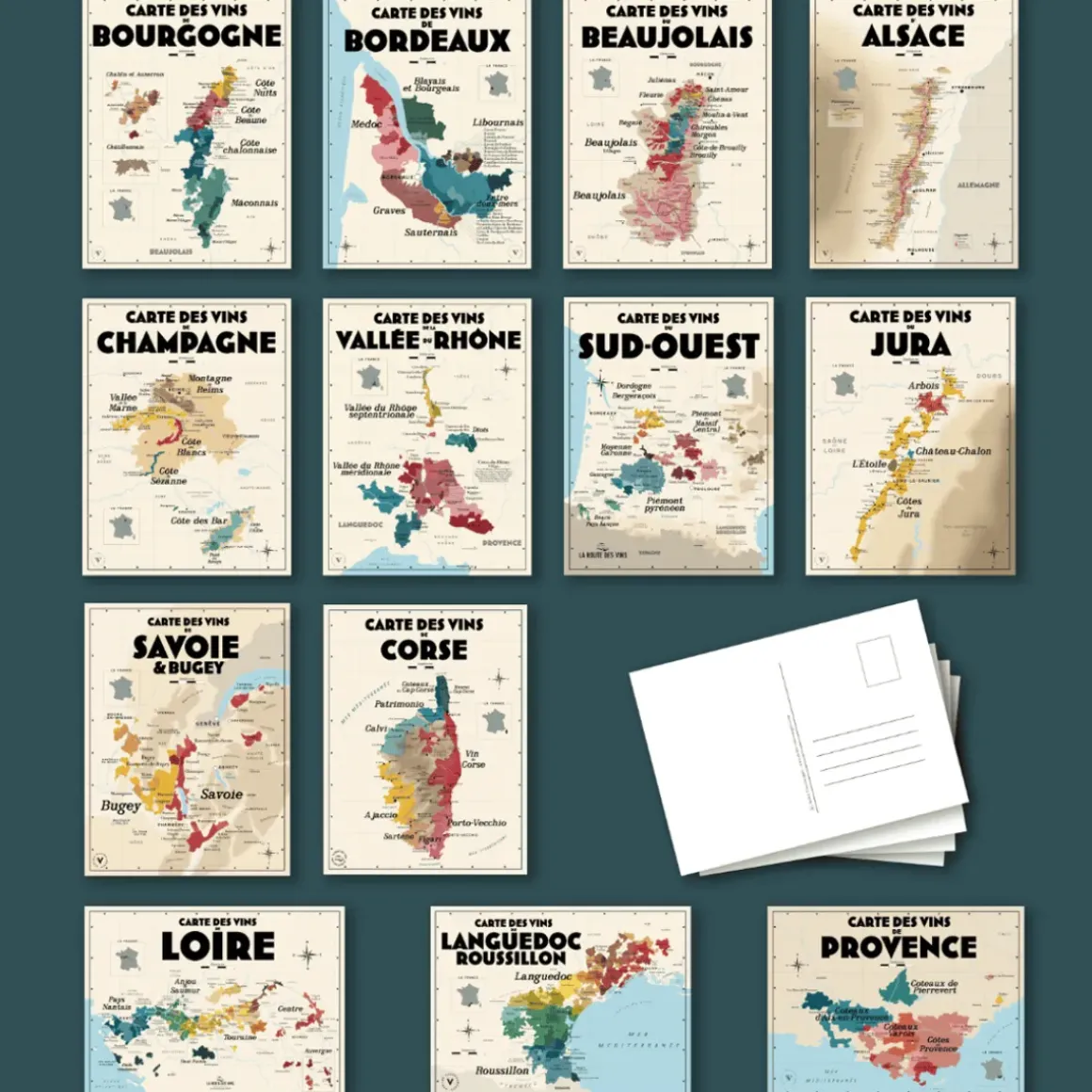 Pack 13 Cartes Postales Les Vins de France - 30 x 40 cm - Ecru