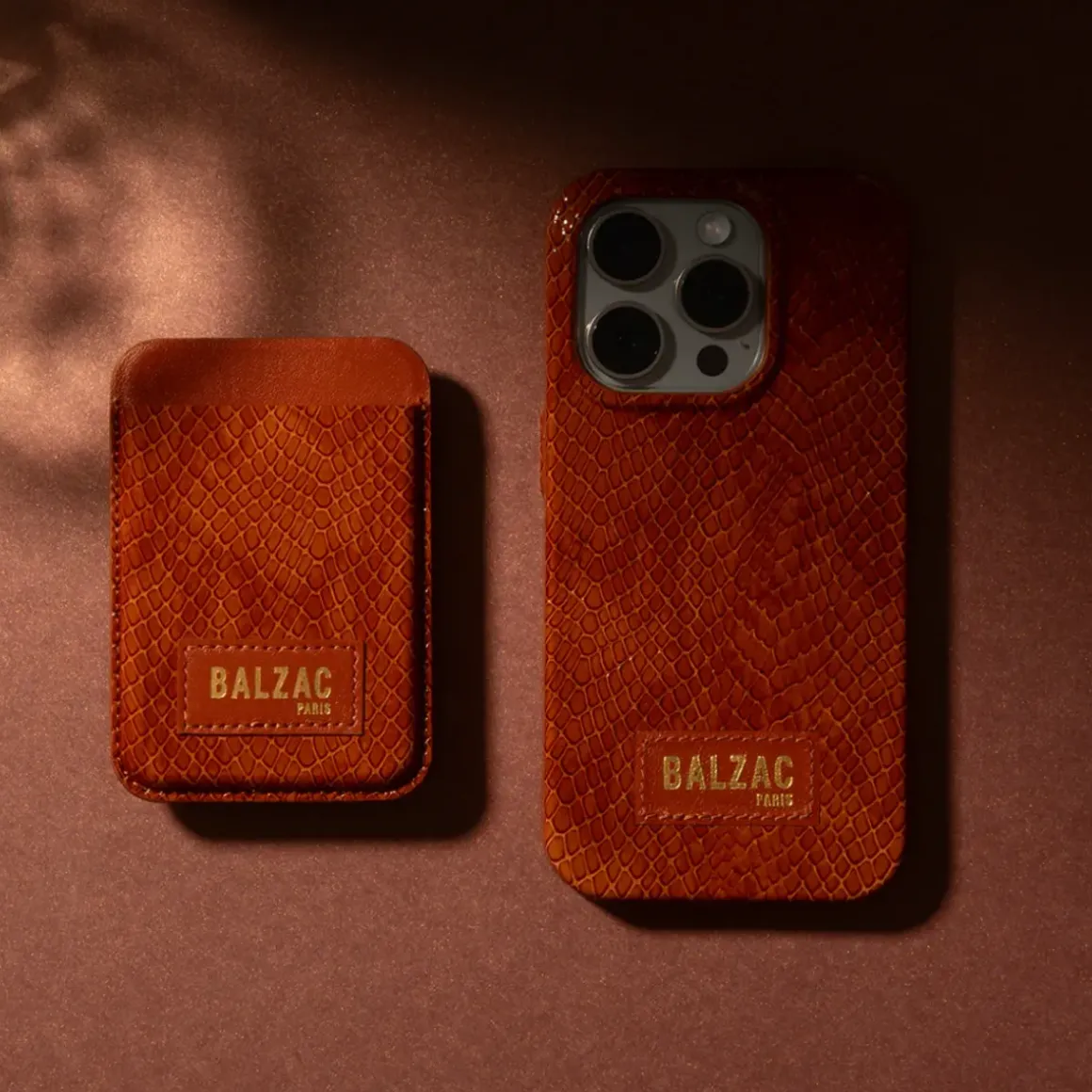 Porte-cartes Cuir Reptile Vernis - Cognac