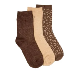 Set de 3 chaussettes fantaisie - Paillettes Léopard Marron Doré