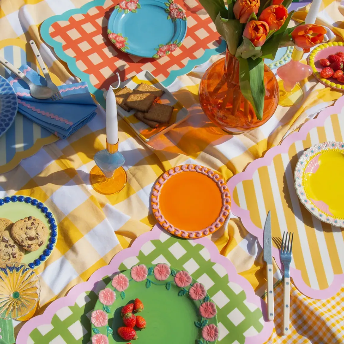 Set de table Biscotti à Carreaux - 38 cm x 48 cm - Kaki u0026 Rose